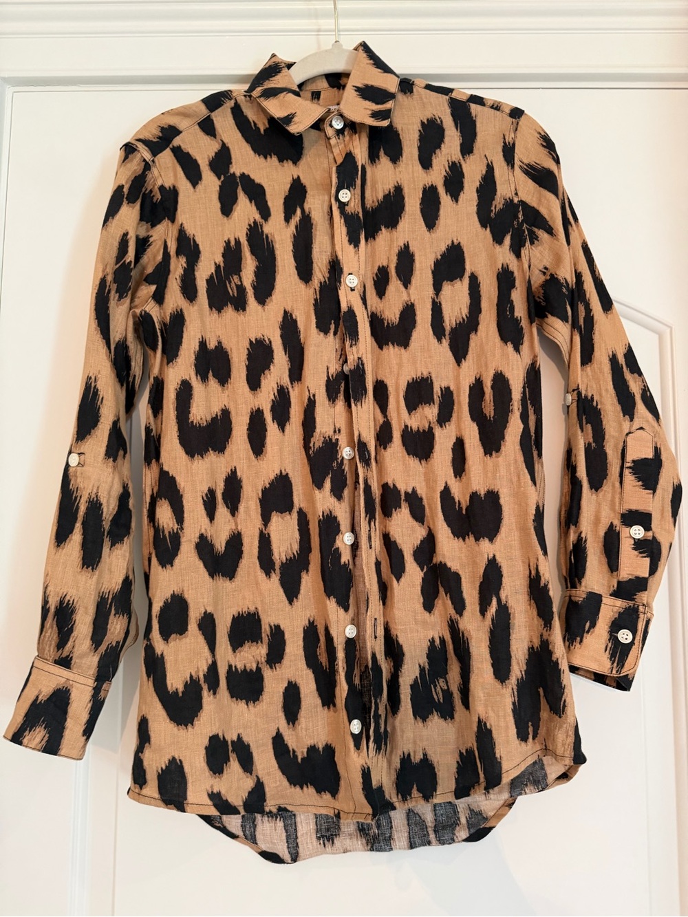 Leopard Print Linen Button-Down Shirt - Tan & Black